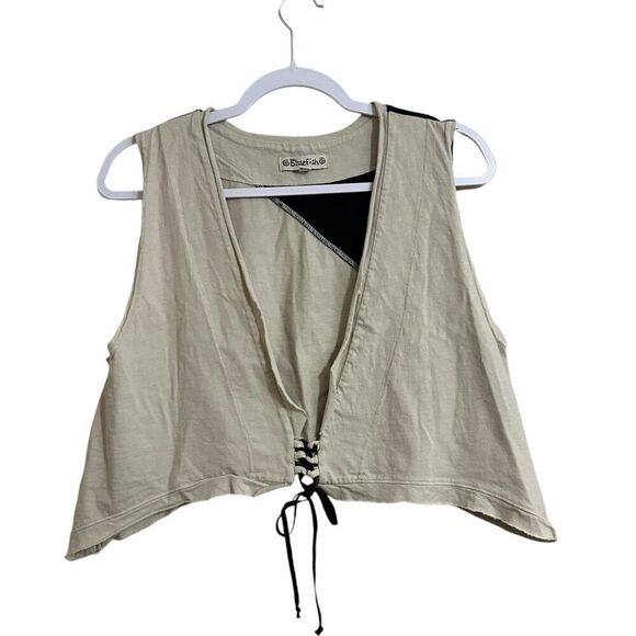 Vintage Blue Fish Crop Triangle Organic Cotton Vest Women's 0 Beige Lagenlook